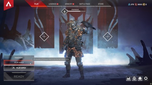 Main menu screenshot of Apex Legends video game interface.