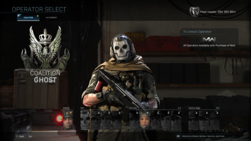 Operator select screenshot of Call of Duty: Modern Warfare video game interface.
