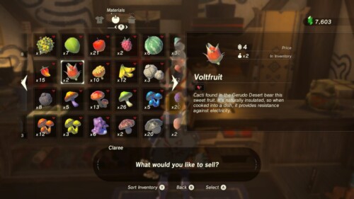 Sell items screenshot of The Legend of Zelda: Breath of the Wild video game interface.