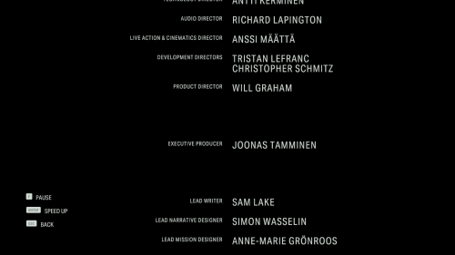 Credits screenshot of Alan Wake II video game interface.