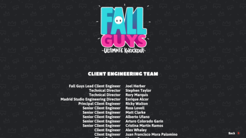 Credits screenshot of Fall Guys: Ultimate Knockout video game interface.