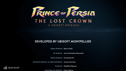 Credits screenshot of Prince of Persia: The Lost Crown video game interface.