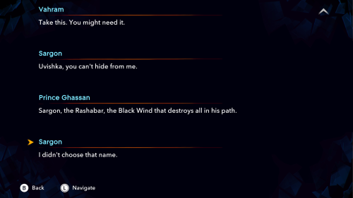 Dialogue History screenshot of Prince of Persia: The Lost Crown video game interface.