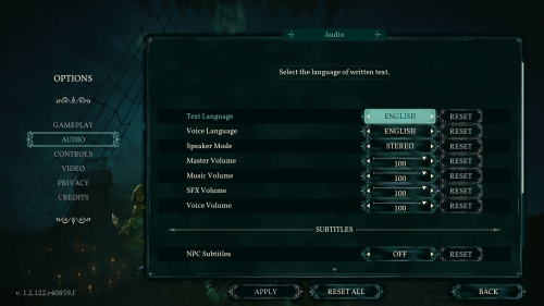 Audio screenshot of Shadow Gambit: The Cursed Crew video game interface.
