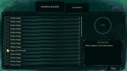 Badges screenshot of Shadow Gambit: The Cursed Crew video game interface.