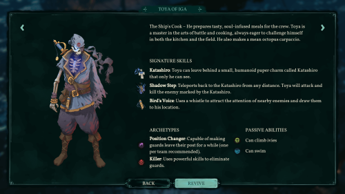 Character Card screenshot of Shadow Gambit: The Cursed Crew video game interface.
