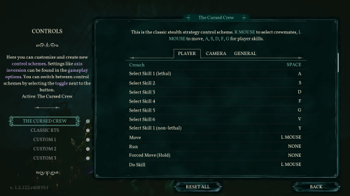 Controls screenshot of Shadow Gambit: The Cursed Crew video game interface.