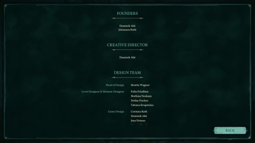 Credits screenshot of Shadow Gambit: The Cursed Crew video game interface.