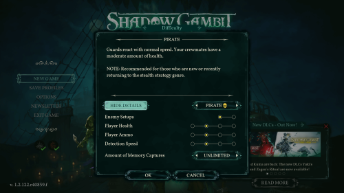 Difficulty screenshot of Shadow Gambit: The Cursed Crew video game interface.