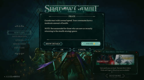 Difficulty screenshot of Shadow Gambit: The Cursed Crew video game interface.