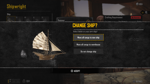 Confirmation screenshot of Skull and Bones video game interface.