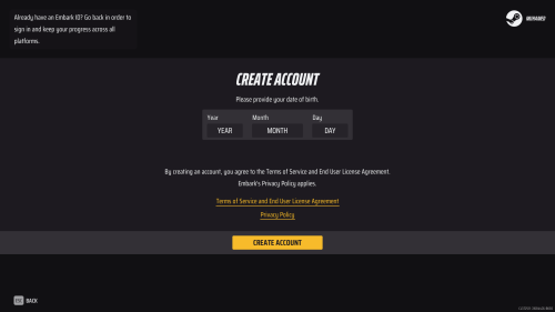 Account Creation screenshot of The Finals video game interface.